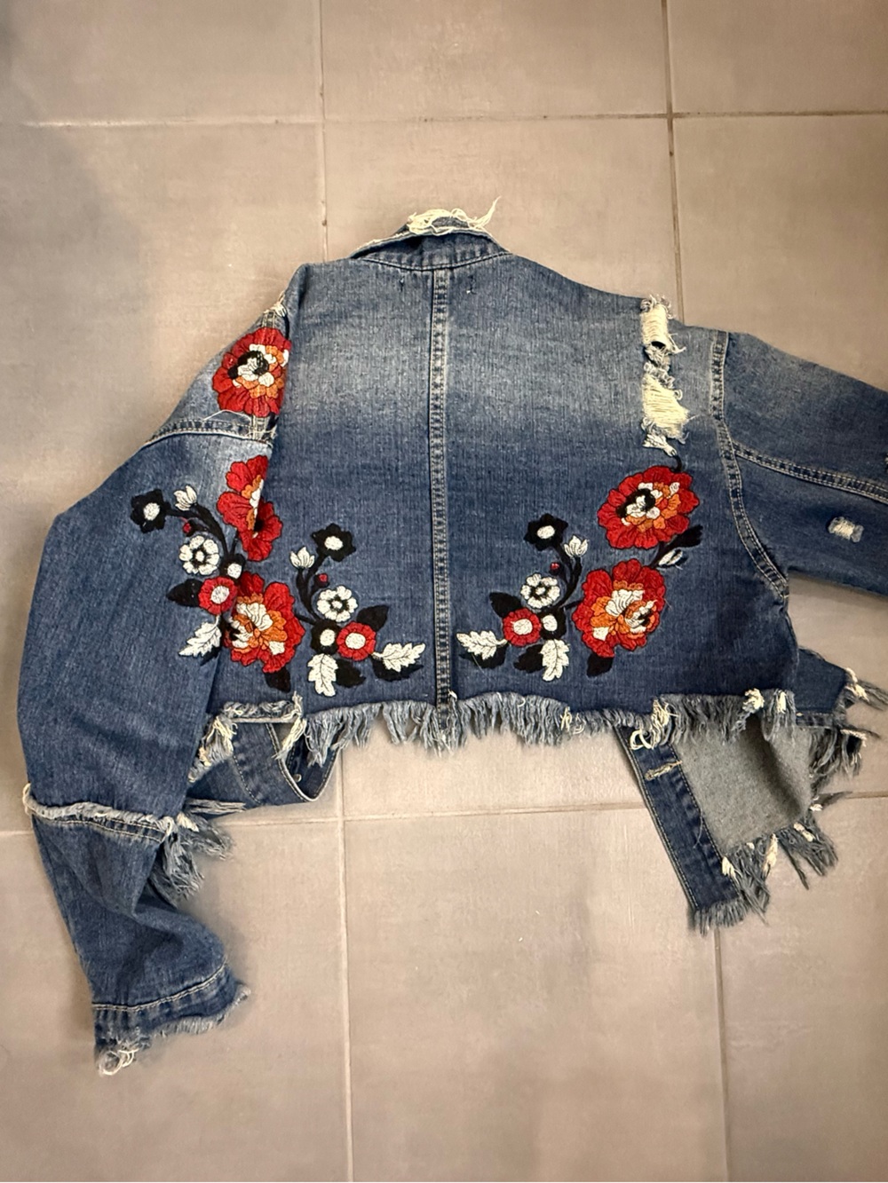 Embroidered Distressed Denim Jacket in Blue with Red Floral Accents - Picture 5 of 8